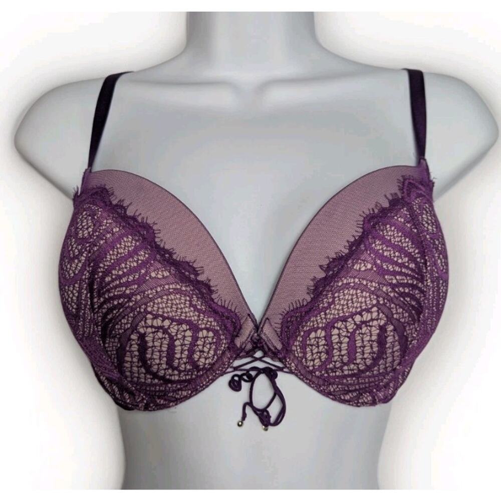 Victorias Secret VS Very Sexy Push Up Bra 34DD Purple Lace Padded Bow Satin Cup